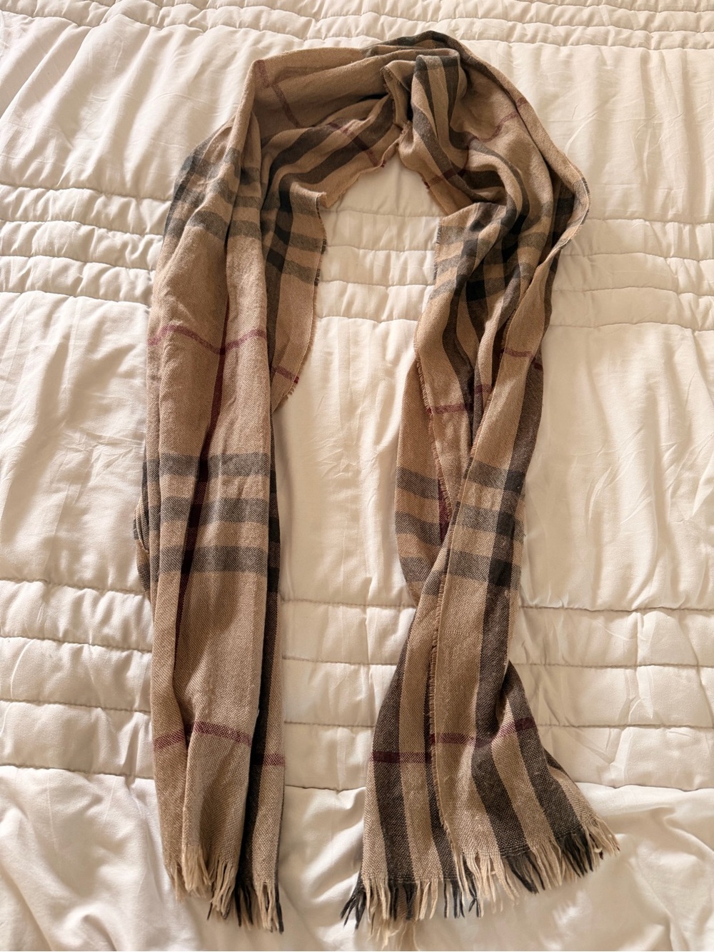 Authentic Burberry Classic Tan Check Wool Scarf with Black & Red Accents